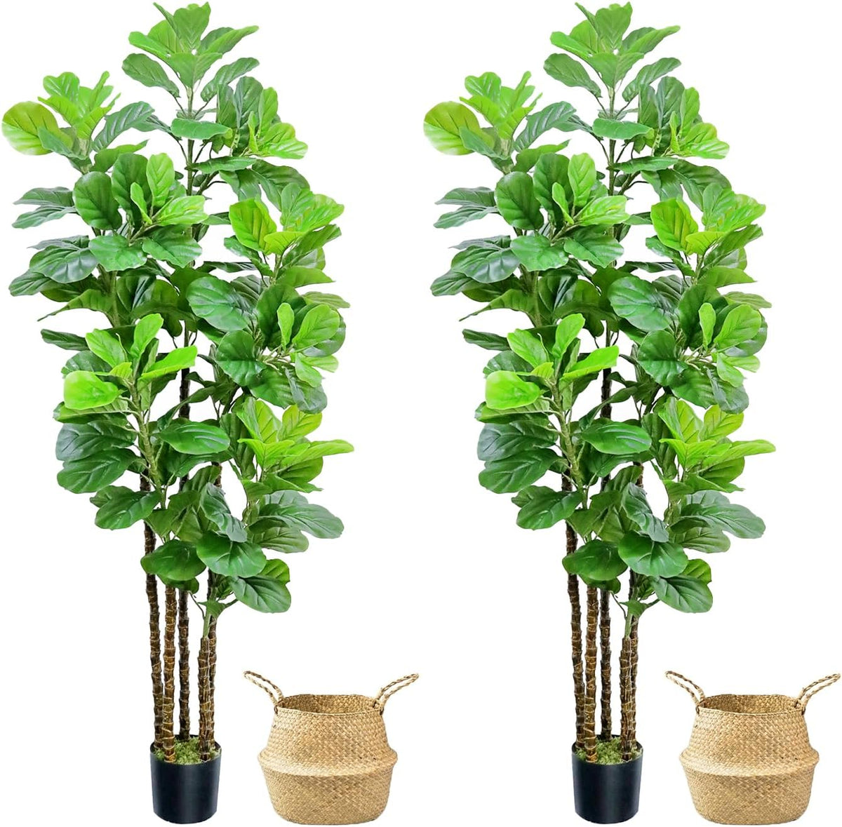 Artificial Fiddle Leaf Fig Tree,6 FT Tall Artificial Tree with Woven Seagrass Plant Basket Fake Floor Plant in Pot for Home Decor Living Room Indoor Outdoor Office Bedroom Decor