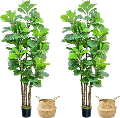 Artificial Fiddle Leaf Fig Tree,6 FT Tall Artificial Tree with Woven Seagrass Plant Basket Fake Floor Plant in Pot for Home Decor Living Room Indoor Outdoor Office Bedroom Decor