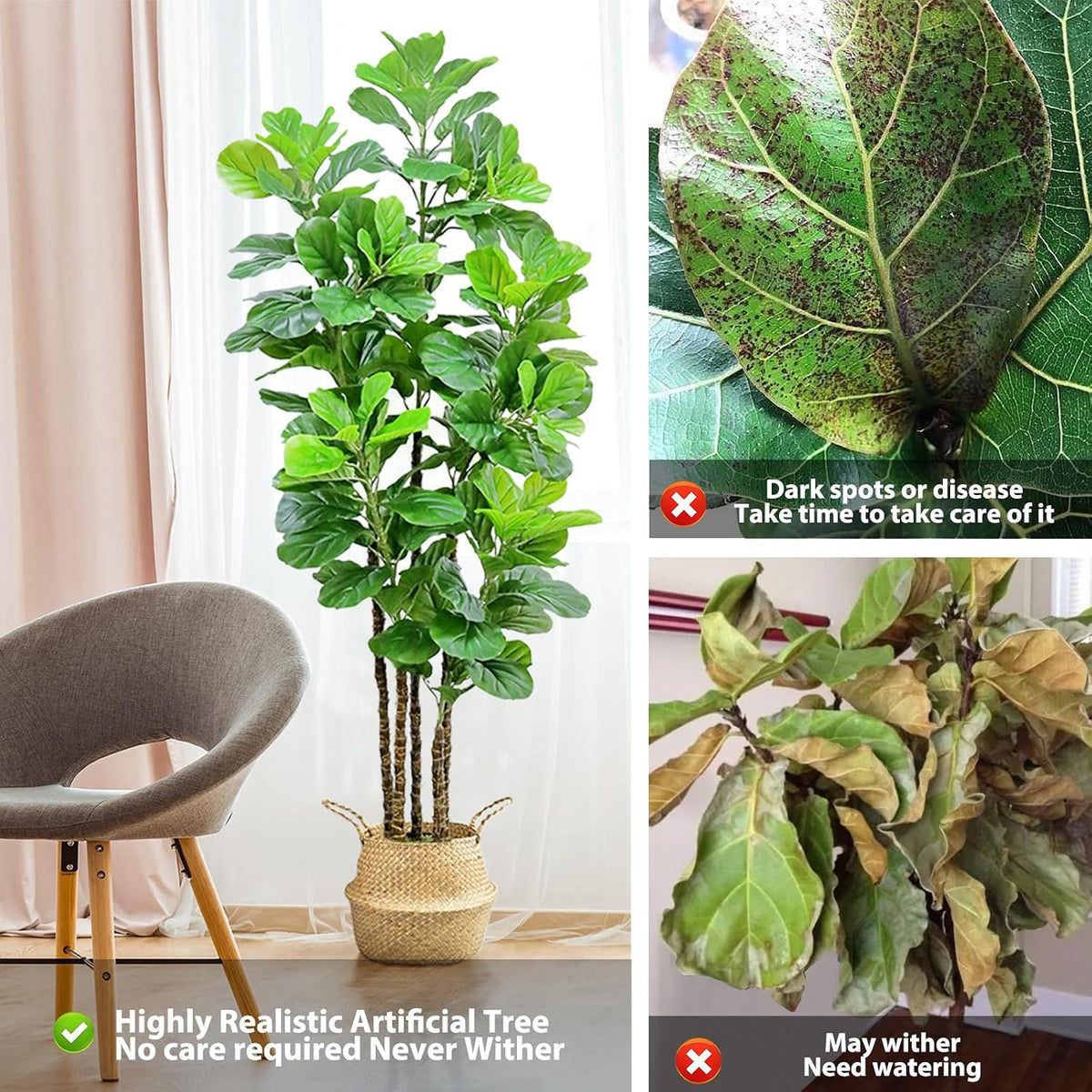 Artificial Fiddle Leaf Fig Tree,6 FT Tall Artificial Tree with Woven Seagrass Plant Basket Fake Floor Plant in Pot for Home Decor Living Room Indoor Outdoor Office Bedroom Decor