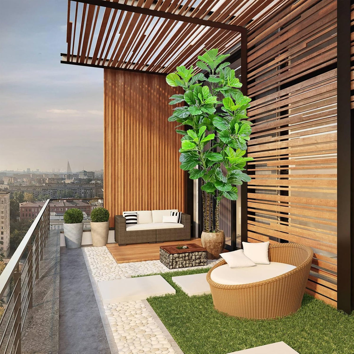 Artificial Fiddle Leaf Fig Tree,6 FT Tall Artificial Tree with Woven Seagrass Plant Basket Fake Floor Plant in Pot for Home Decor Living Room Indoor Outdoor Office Bedroom Decor