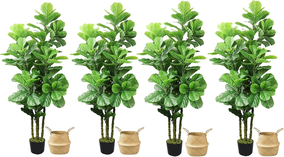 Artificial Fiddle Leaf Fig Tree,6 FT Tall Artificial Tree with Woven Seagrass Plant Basket Fake Floor Plant in Pot for Home Decor Living Room Indoor Outdoor Office Bedroom Decor