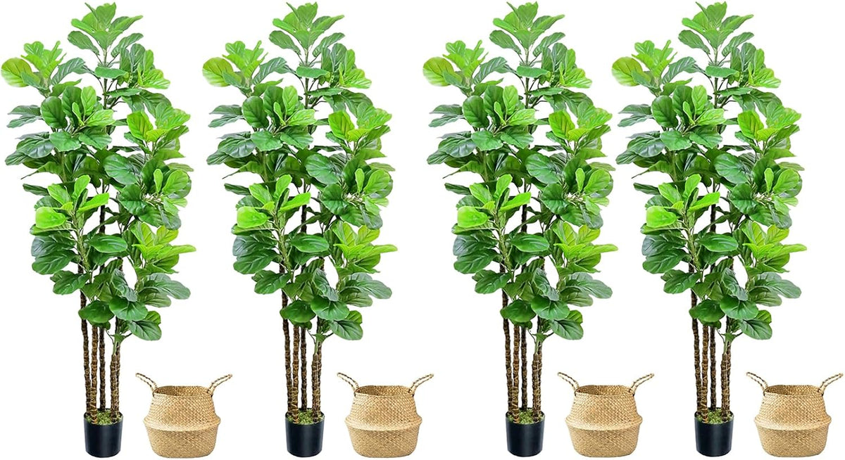 Artificial Fiddle Leaf Fig Tree,6 FT Tall Artificial Tree with Woven Seagrass Plant Basket Fake Floor Plant in Pot for Home Decor Living Room Indoor Outdoor Office Bedroom Decor