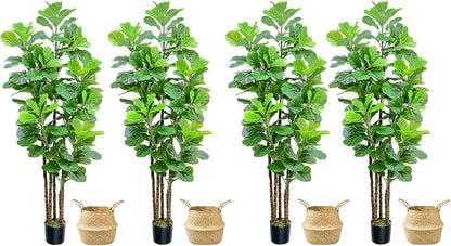 Artificial Fiddle Leaf Fig Tree,6 FT Tall Artificial Tree with Woven Seagrass Plant Basket Fake Floor Plant in Pot for Home Decor Living Room Indoor Outdoor Office Bedroom Decor