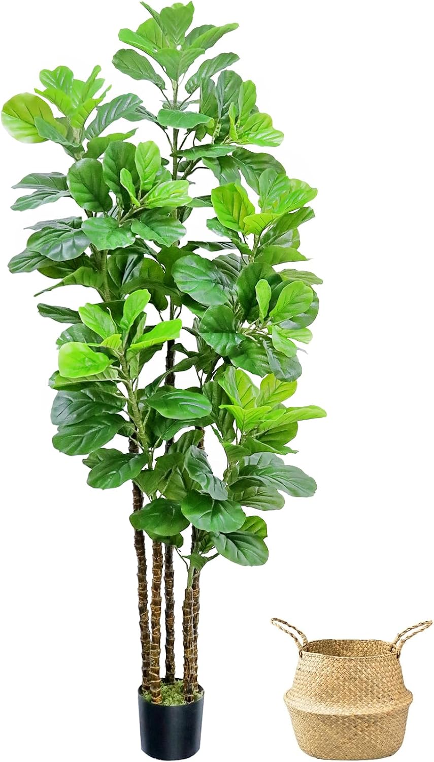 Artificial Fiddle Leaf Fig Tree,6 FT Tall Artificial Tree with Woven Seagrass Plant Basket Fake Floor Plant in Pot for Home Decor Living Room Indoor Outdoor Office Bedroom Decor