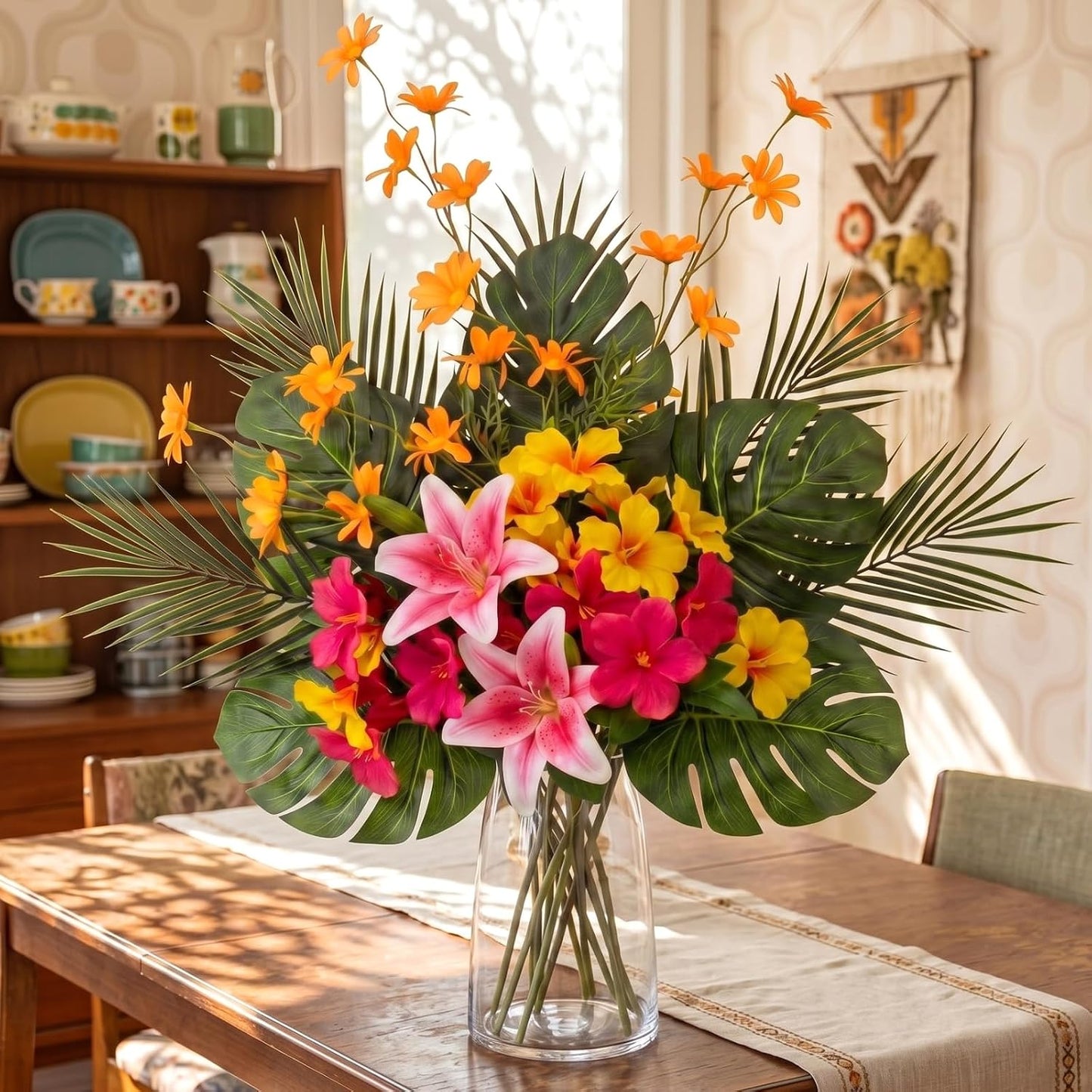 16 Pcs Artificial Tropical Bouquet, Artificial Lilies, Azaleas, Daisies, Monstera, and Palm Leaves, Tropical Flowers Centerpieces for Tables Vase Hawaiian Party Home Wedding