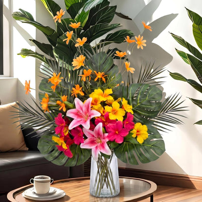 16 Pcs Artificial Tropical Bouquet, Artificial Lilies, Azaleas, Daisies, Monstera, and Palm Leaves, Tropical Flowers Centerpieces for Tables Vase Hawaiian Party Home Wedding