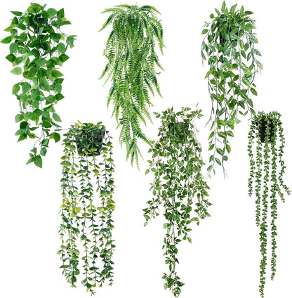 Fake Hanging Plants 6 Pack Artificial Hanging Eucalyptus Plants Potted Greenery Faux Mandala Vine String of Pearls Boston Fern Ivy Vine Leaves Pea Pod for Home Indoor Outdoor Shelf Wall Decor