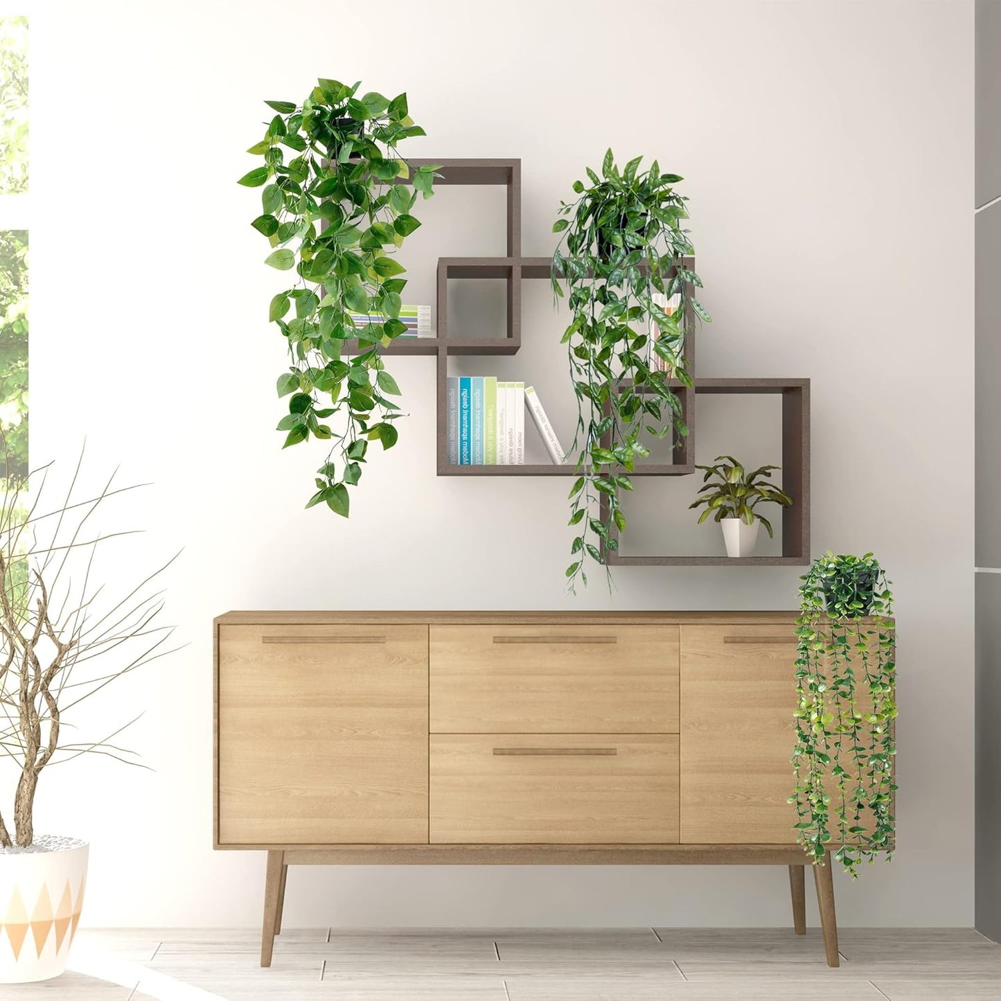 Fake Hanging Plants 6 Pack Artificial Hanging Eucalyptus Plants Potted Greenery Faux Mandala Vine String of Pearls Boston Fern Ivy Vine Leaves Pea Pod for Home Indoor Outdoor Shelf Wall Decor