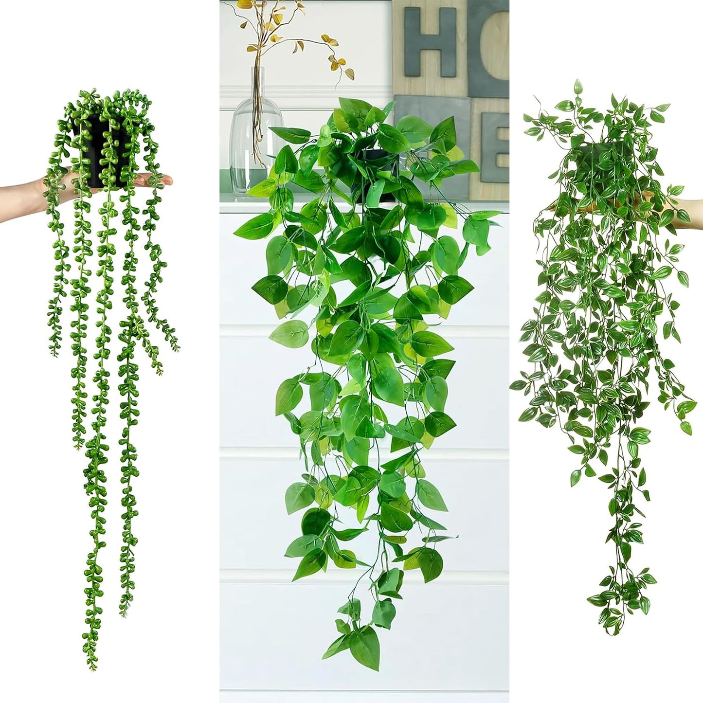Fake Hanging Plants 6 Pack Artificial Hanging Eucalyptus Plants Potted Greenery Faux Mandala Vine String of Pearls Boston Fern Ivy Vine Leaves Pea Pod for Home Indoor Outdoor Shelf Wall Decor