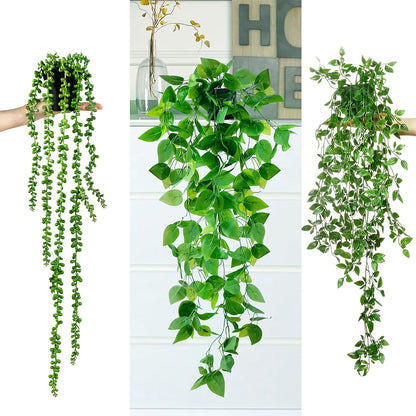 Fake Hanging Plants 6 Pack Artificial Hanging Eucalyptus Plants Potted Greenery Faux Mandala Vine String of Pearls Boston Fern Ivy Vine Leaves Pea Pod for Home Indoor Outdoor Shelf Wall Decor
