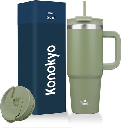 30 oz Insulated Tumbler Water Bottle with Handle, Straw Lid