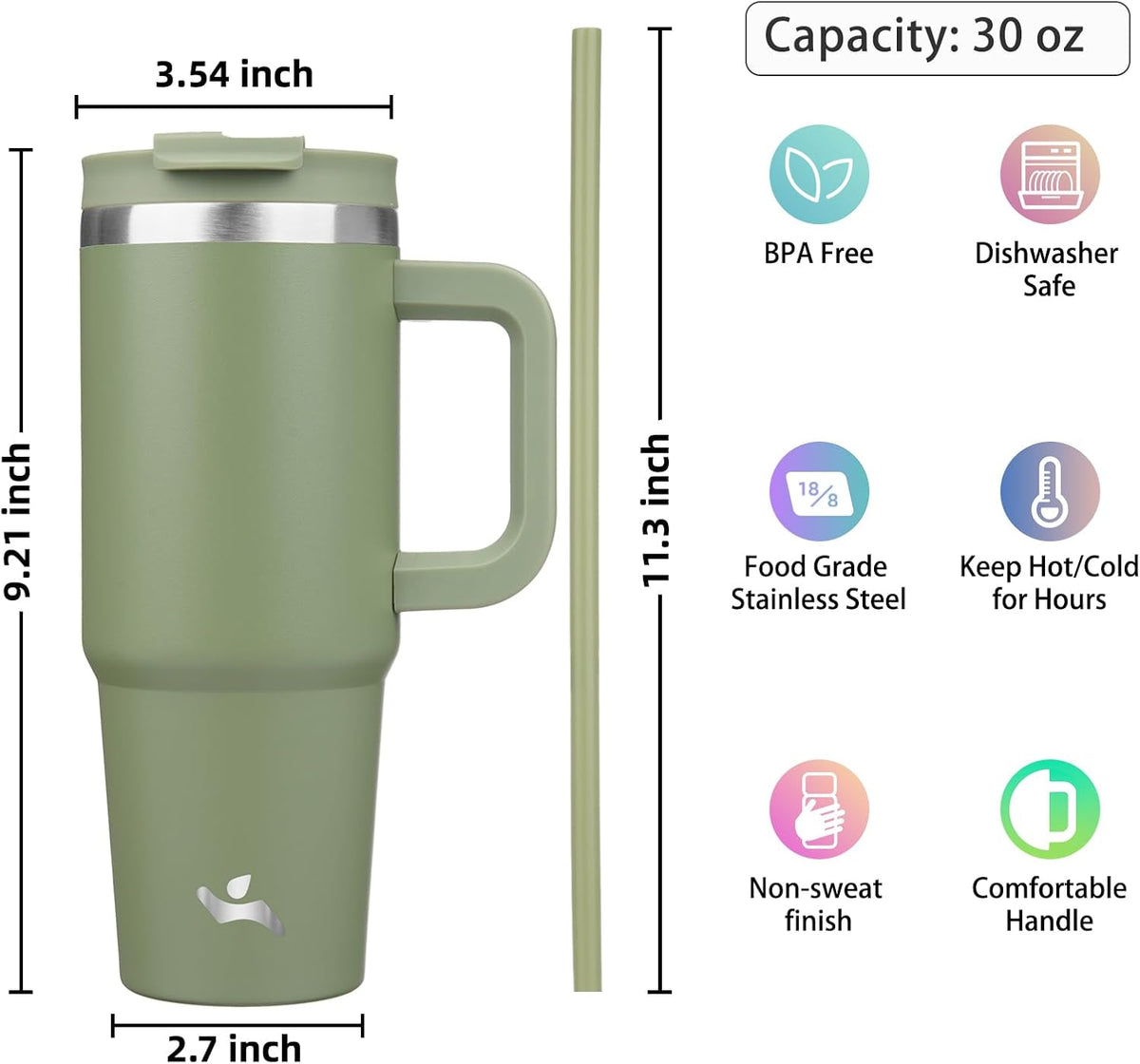 30 oz Insulated Tumbler Water Bottle with Handle, Straw Lid