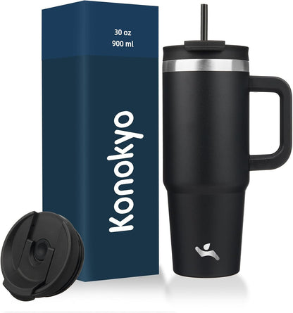 30 oz Insulated Tumbler Water Bottle with Handle, Straw Lid