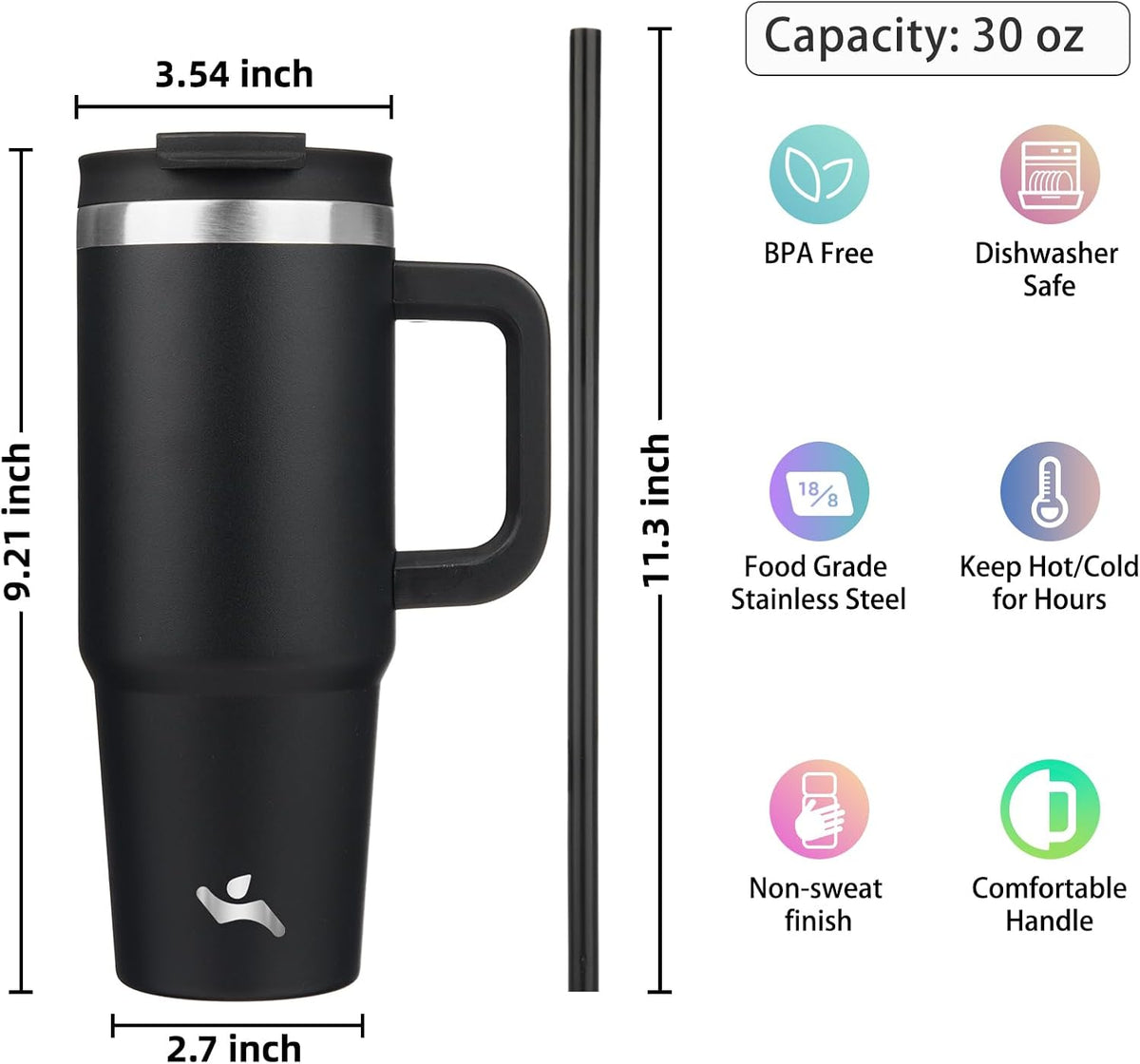 30 oz Insulated Tumbler Water Bottle with Handle, Straw Lid