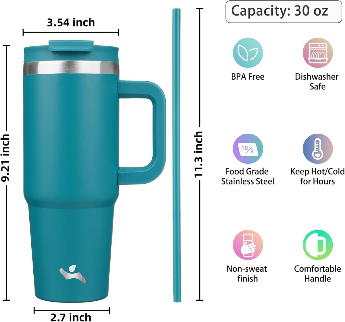 30 oz Insulated Tumbler Water Bottle with Handle, Straw Lid