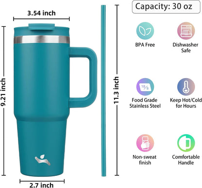 30 oz Insulated Tumbler Water Bottle with Handle, Straw Lid