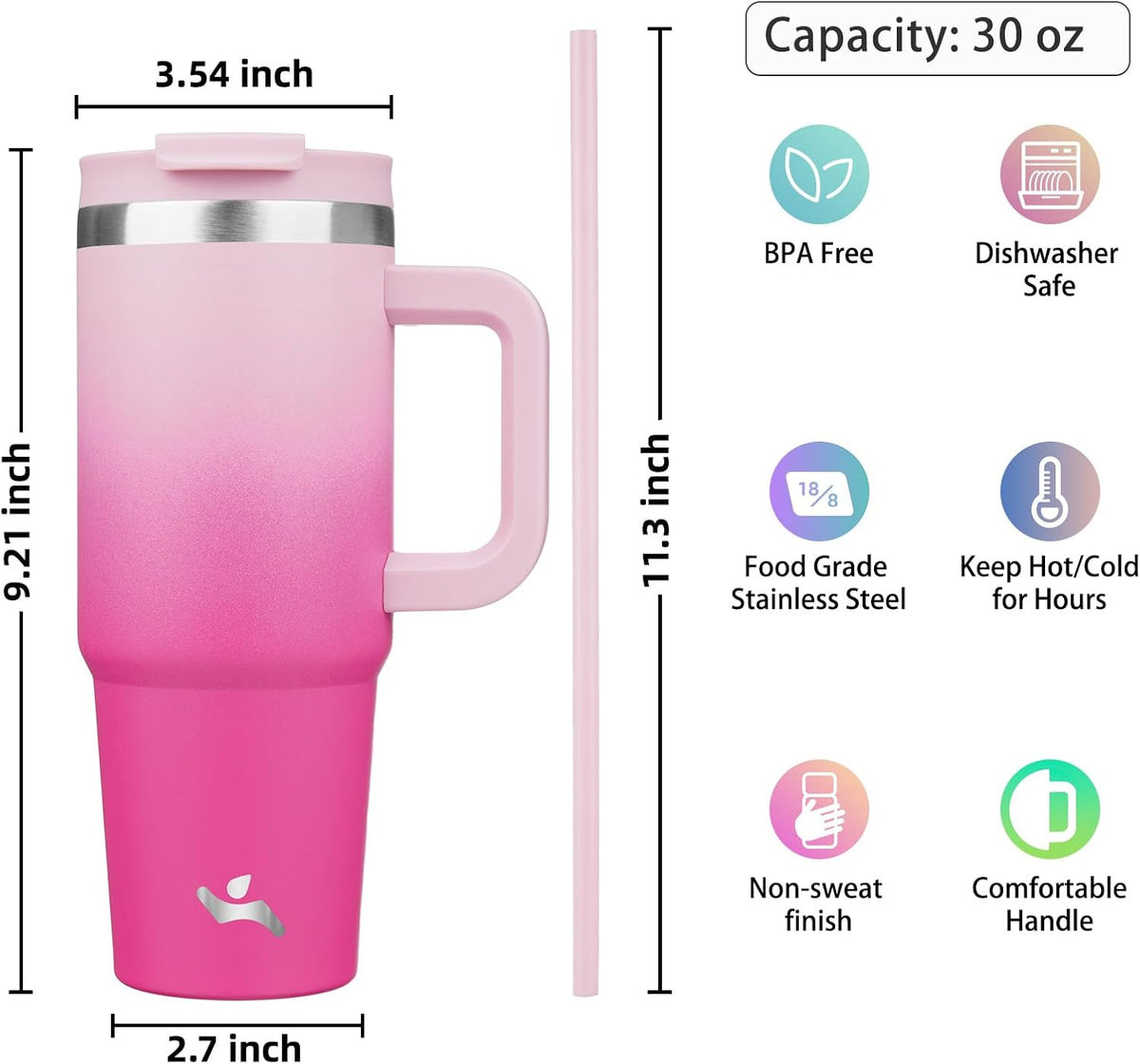 30 oz Insulated Tumbler Water Bottle with Handle, Straw Lid