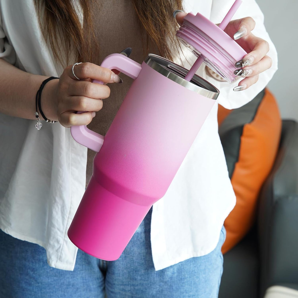 30 oz Insulated Tumbler Water Bottle with Handle, Straw Lid