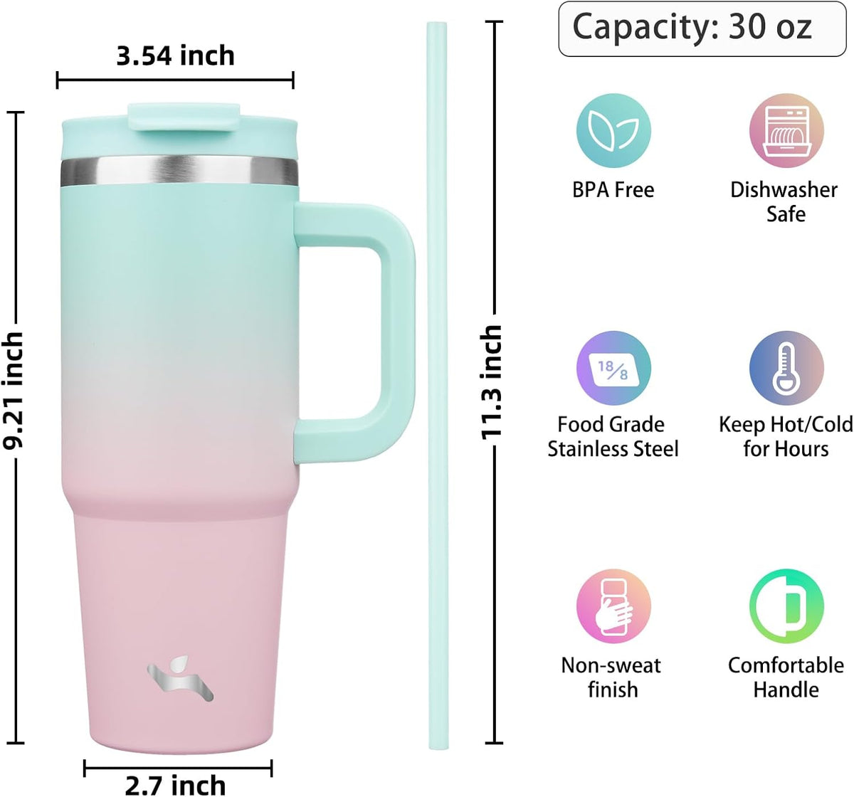 30 oz Insulated Tumbler Water Bottle with Handle, Straw Lid