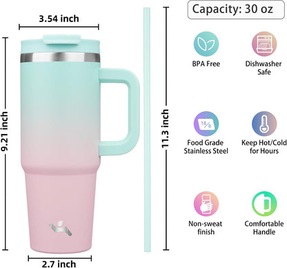 30 oz Insulated Tumbler Water Bottle with Handle, Straw Lid