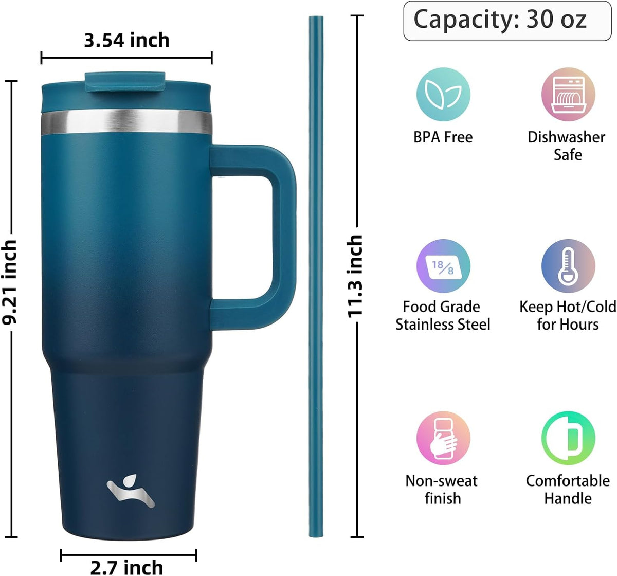 30 oz Insulated Tumbler Water Bottle with Handle, Straw Lid