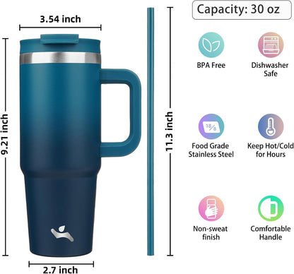 30 oz Insulated Tumbler Water Bottle with Handle, Straw Lid
