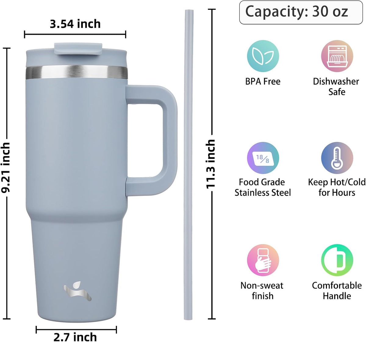 30 oz Insulated Tumbler Water Bottle with Handle, Straw Lid