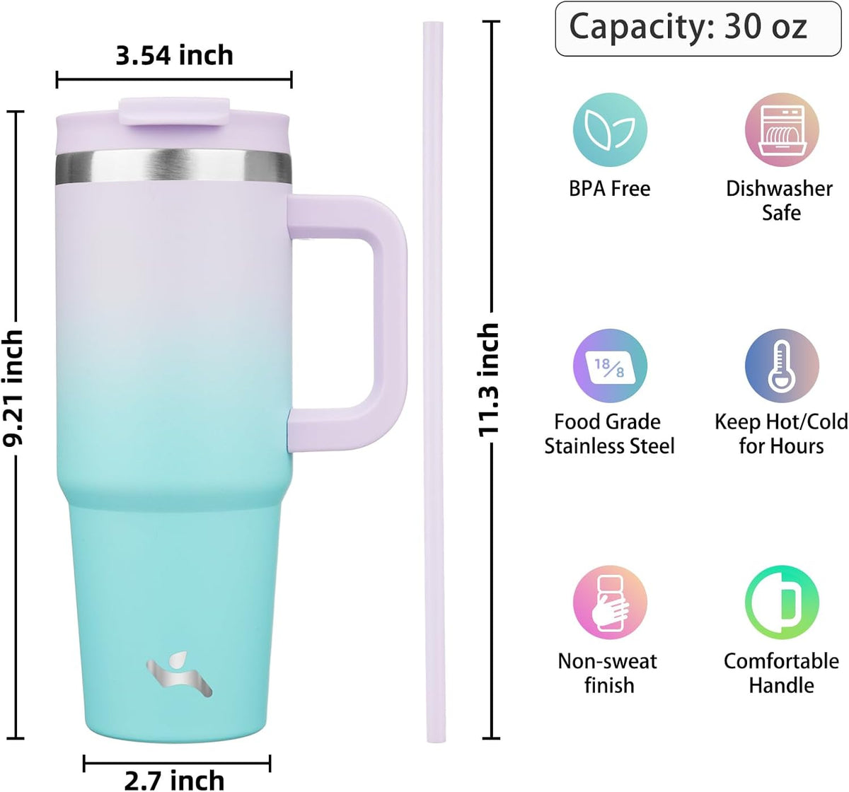 30 oz Insulated Tumbler Water Bottle with Handle, Straw Lid