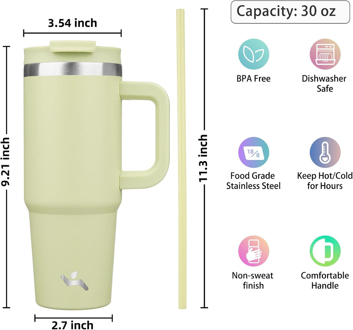 30 oz Insulated Tumbler Water Bottle with Handle, Straw Lid