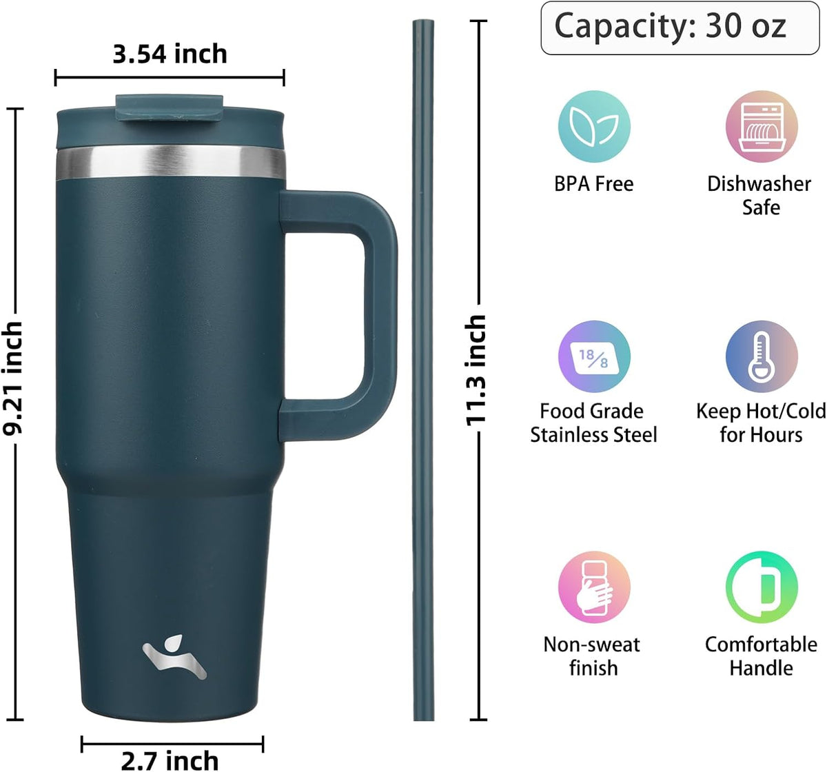 30 oz Insulated Tumbler Water Bottle with Handle, Straw Lid