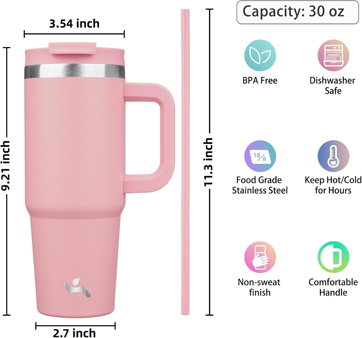 30 oz Insulated Tumbler Water Bottle with Handle, Straw Lid