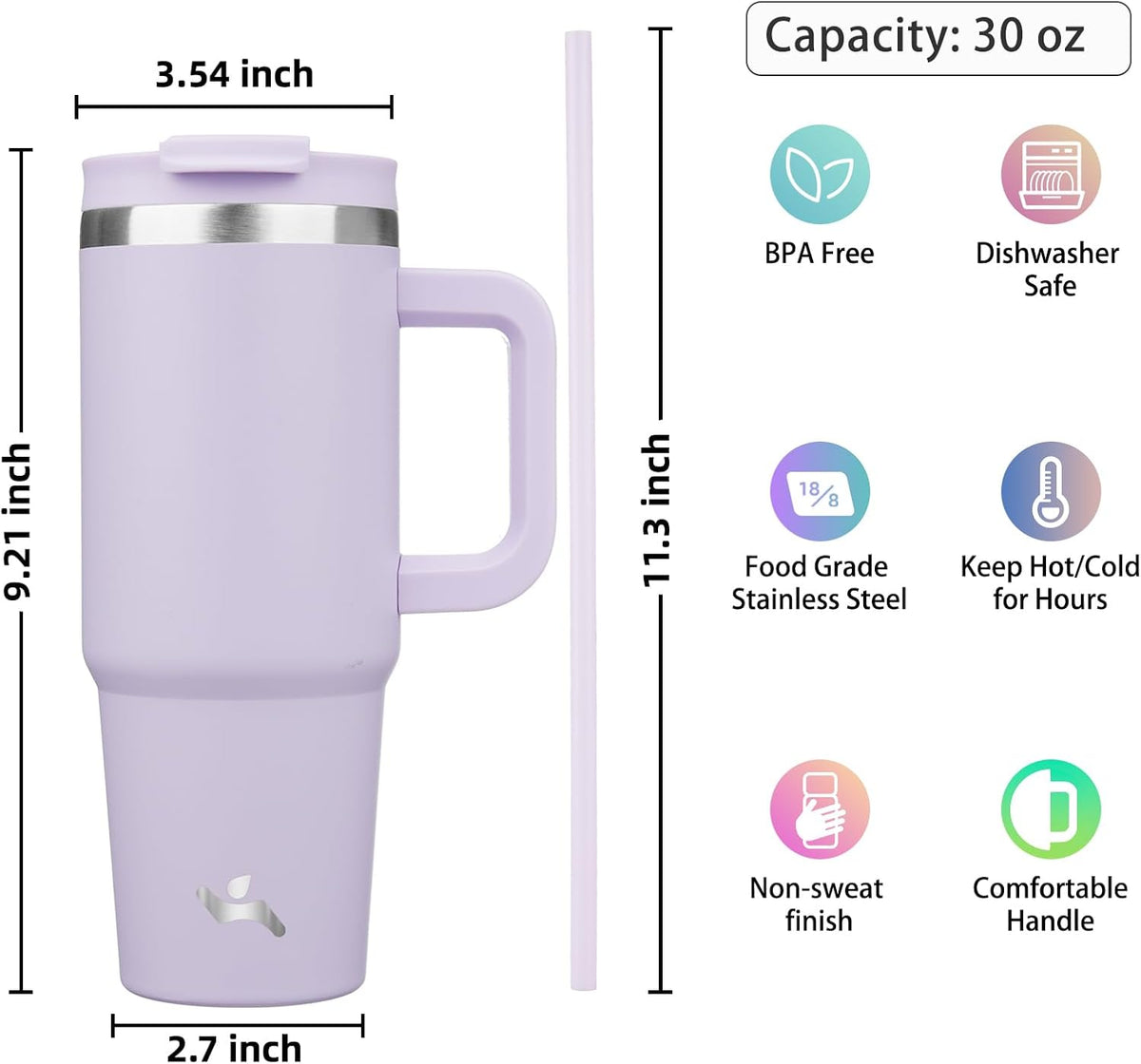 30 oz Insulated Tumbler Water Bottle with Handle, Straw Lid