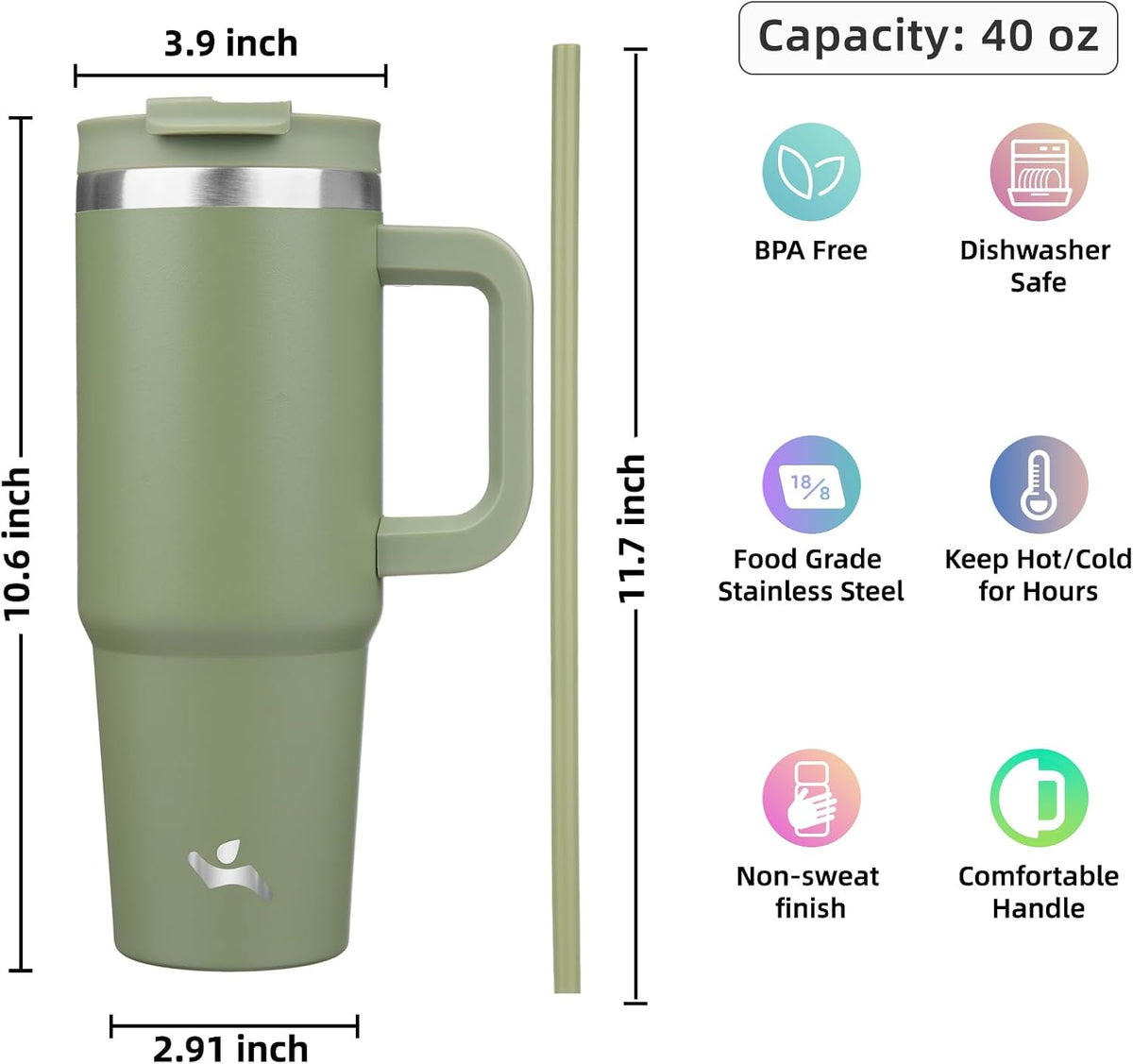 30 oz Insulated Tumbler Water Bottle with Handle, Straw Lid