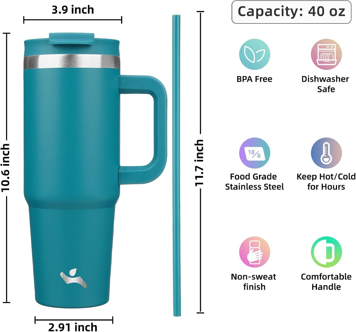 30 oz Insulated Tumbler Water Bottle with Handle, Straw Lid