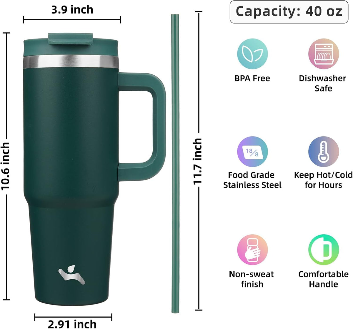 30 oz Insulated Tumbler Water Bottle with Handle, Straw Lid