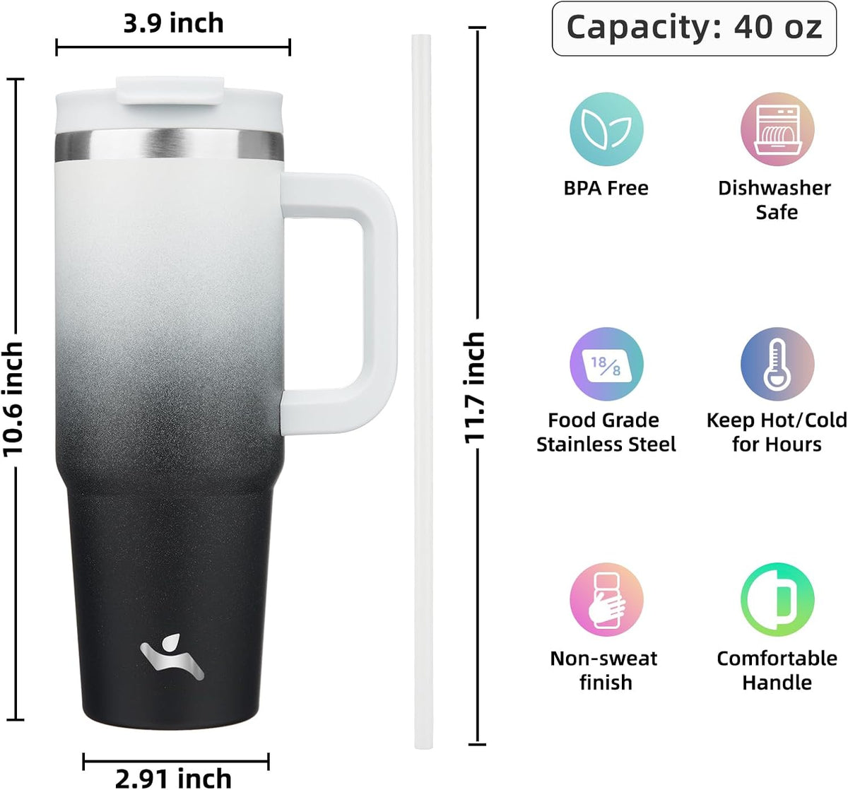 30 oz Insulated Tumbler Water Bottle with Handle, Straw Lid