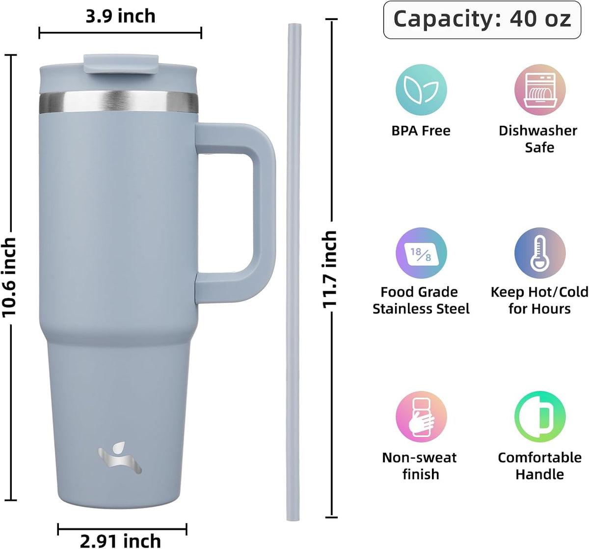 30 oz Insulated Tumbler Water Bottle with Handle, Straw Lid