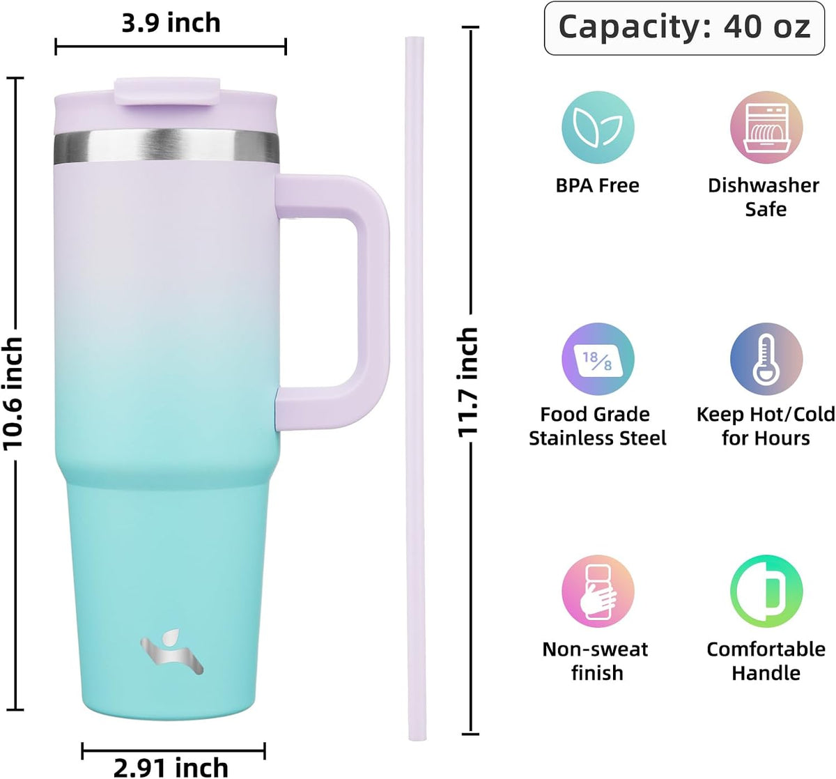 30 oz Insulated Tumbler Water Bottle with Handle, Straw Lid