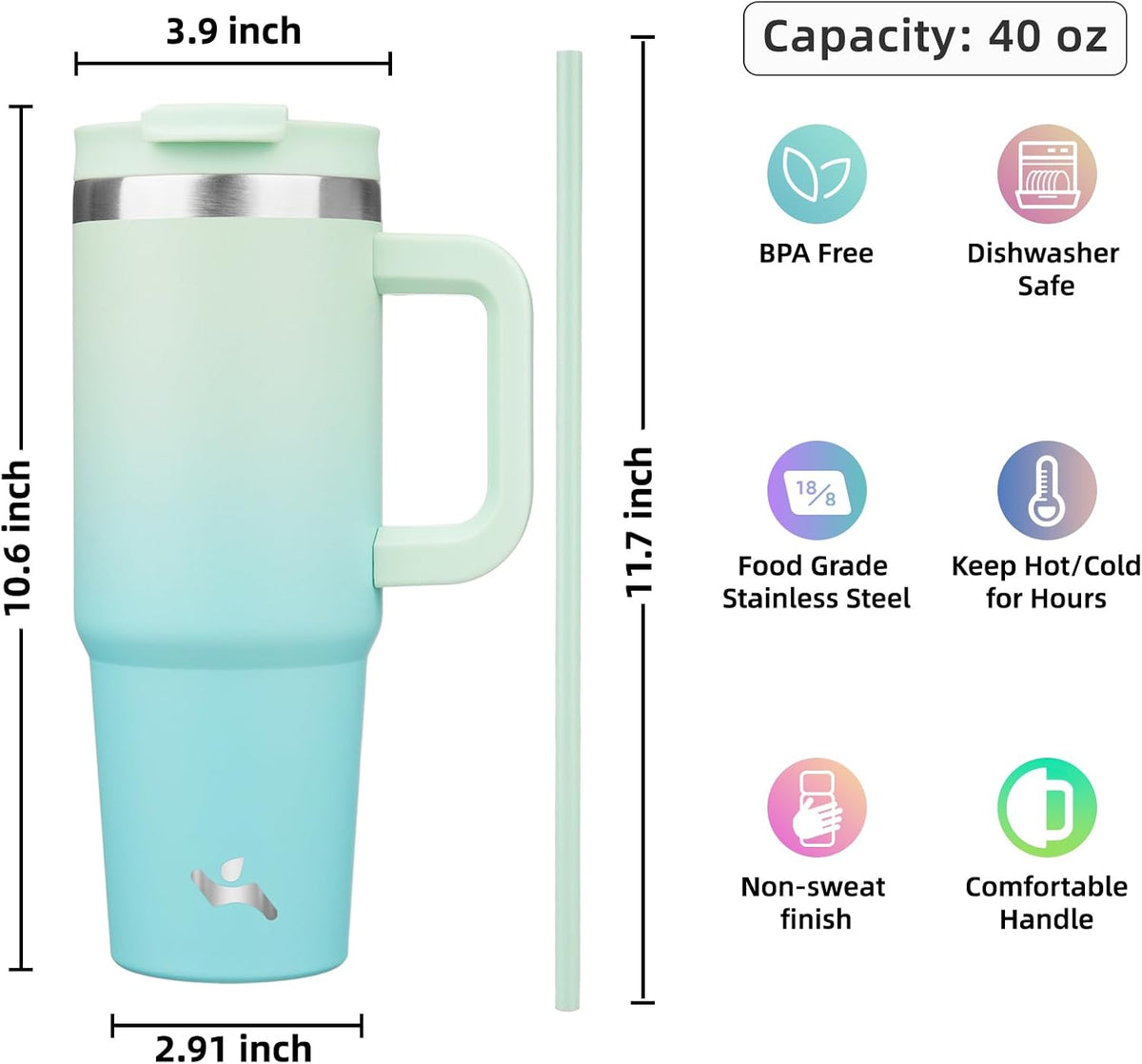 30 oz Insulated Tumbler Water Bottle with Handle, Straw Lid