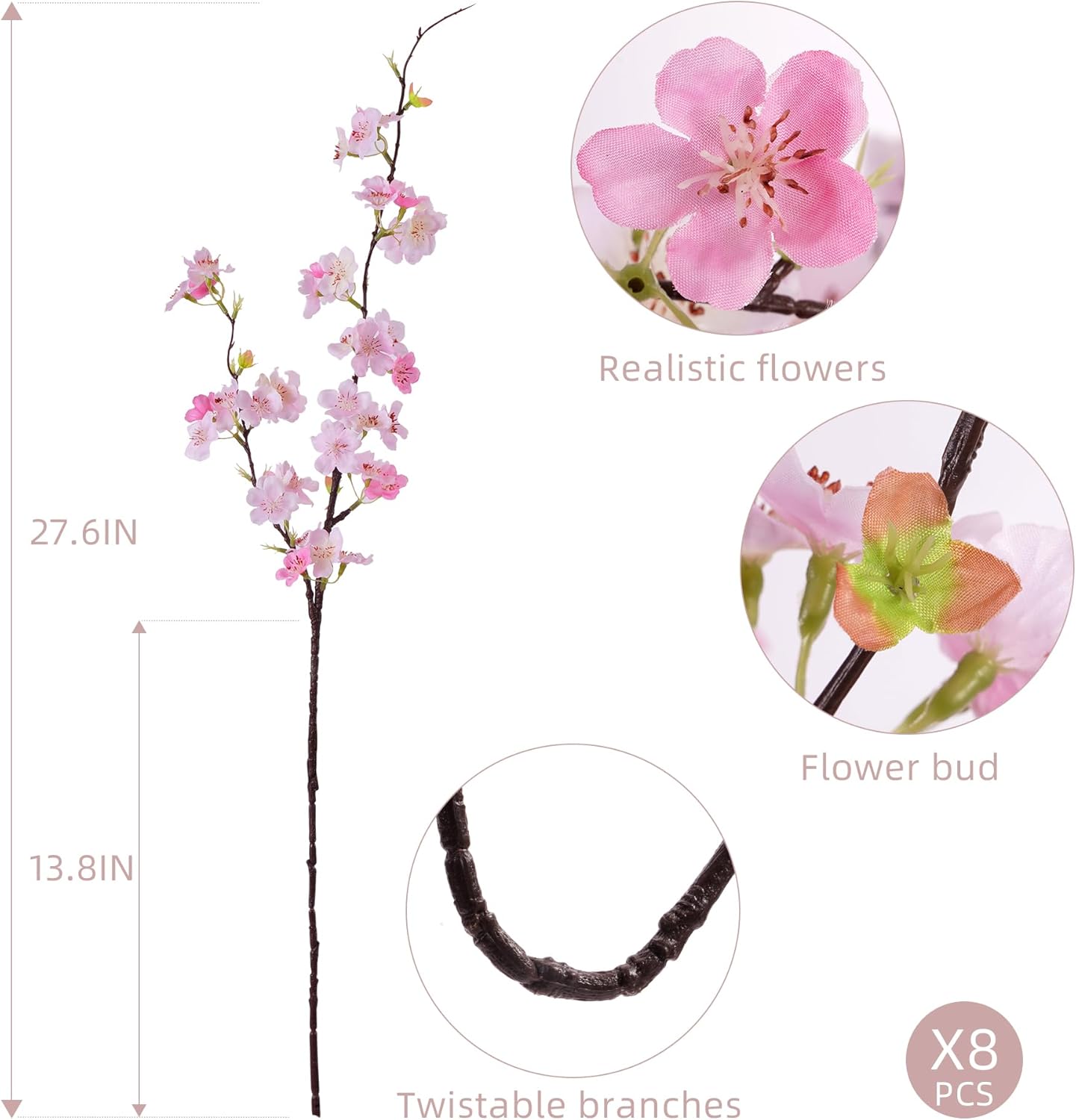 Artificial Cherry Blossom Branches 27.6In Silk Cherry Blossom Branches 8PCS Long Stem Artificial Flowers for Tall Vase, for Home Decorate, Weddings Decorate, Parties & Festival Gifts (White)