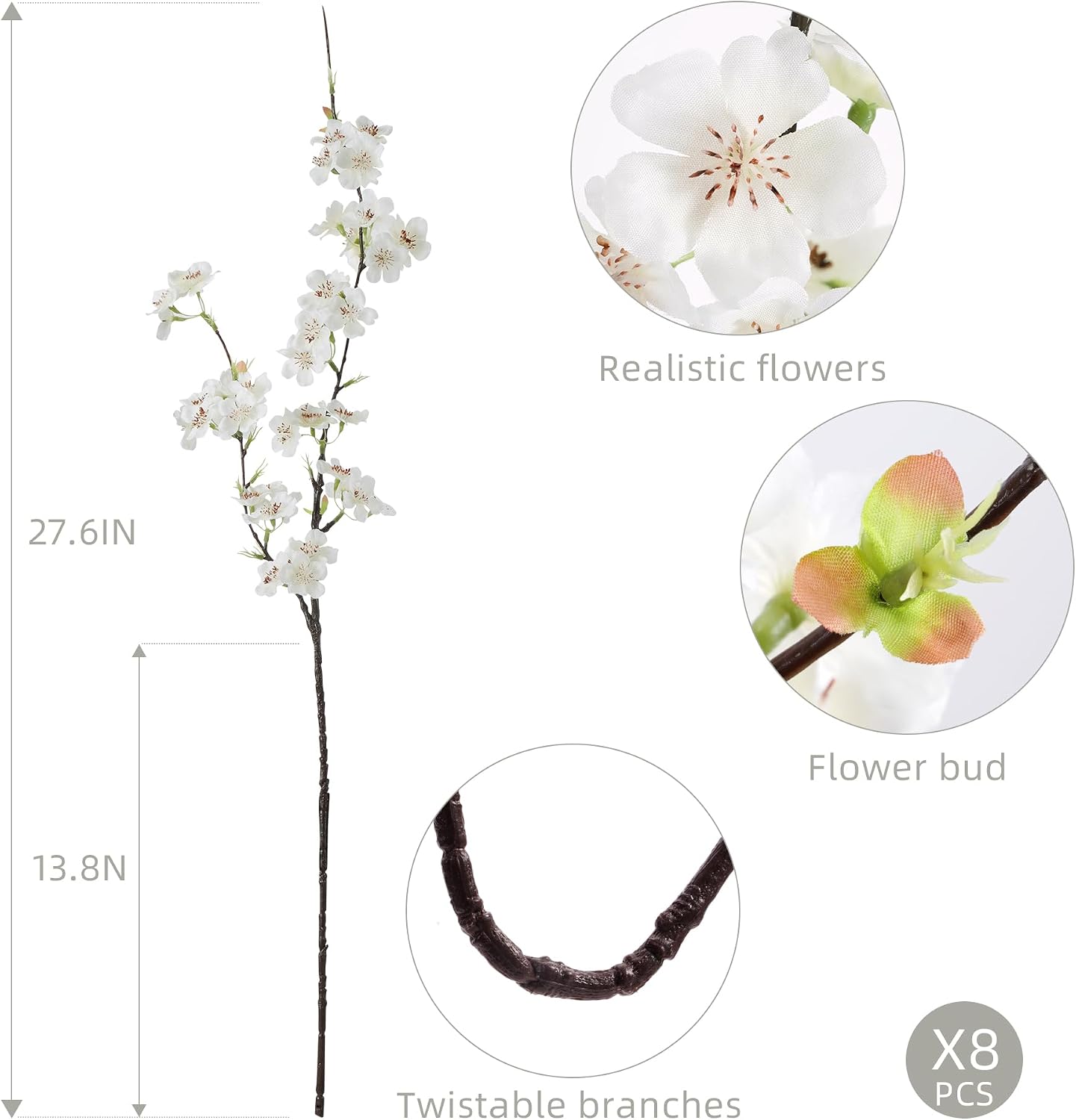 Artificial Cherry Blossom Branches 27.6In Silk Cherry Blossom Branches 8PCS Long Stem Artificial Flowers for Tall Vase, for Home Decorate, Weddings Decorate, Parties & Festival Gifts (White)
