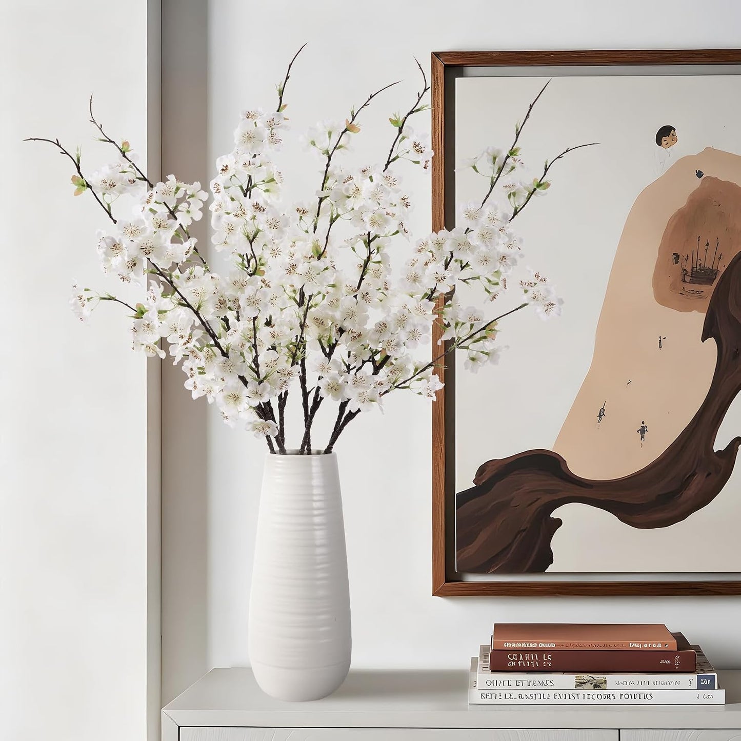 Artificial Cherry Blossom Branches 27.6In Silk Cherry Blossom Branches 8PCS Long Stem Artificial Flowers for Tall Vase, for Home Decorate, Weddings Decorate, Parties & Festival Gifts (White)