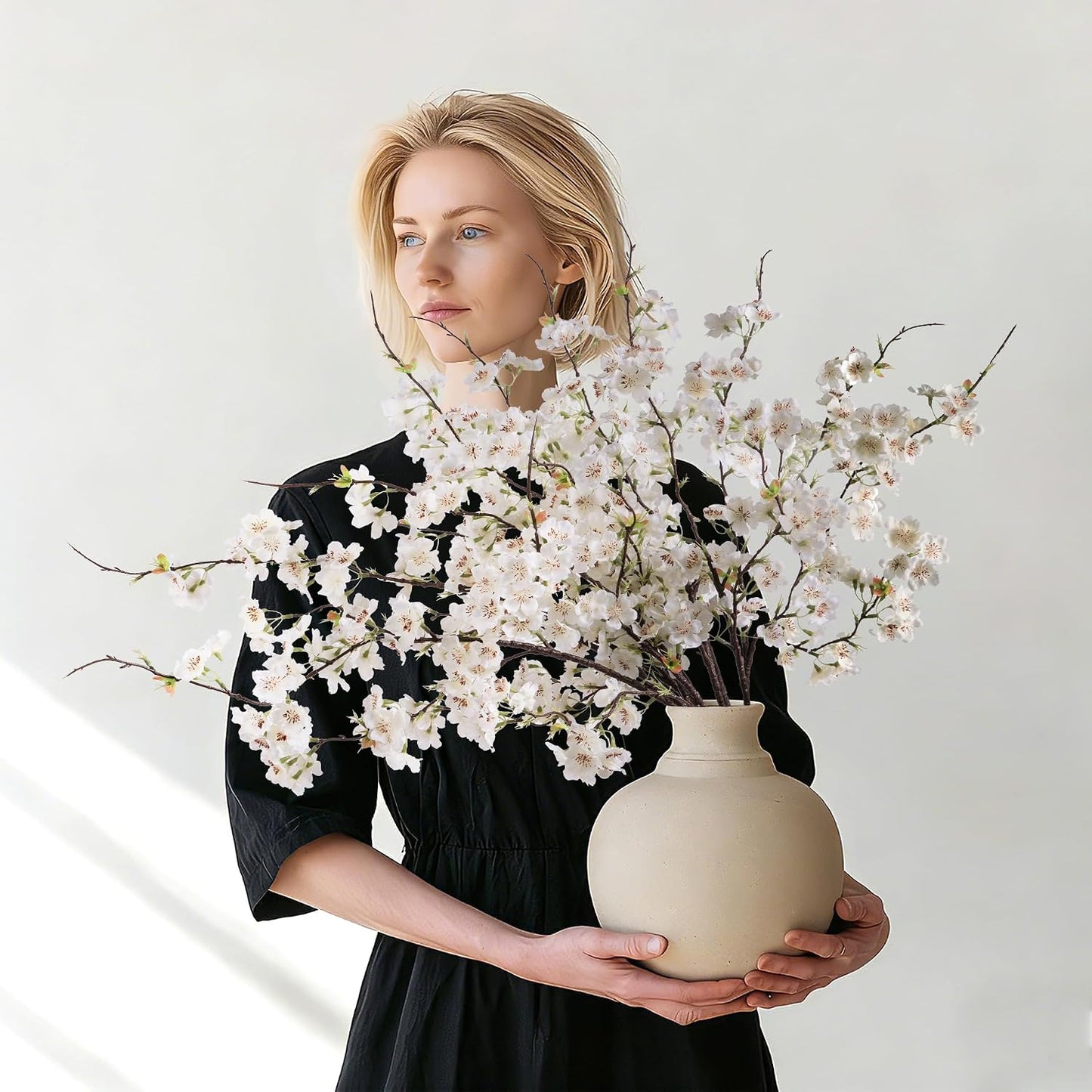 Artificial Cherry Blossom Branches 27.6In Silk Cherry Blossom Branches 8PCS Long Stem Artificial Flowers for Tall Vase, for Home Decorate, Weddings Decorate, Parties & Festival Gifts (White)