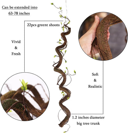 63in Bendable Artificial Tree Trunk Branches Moss Vine Leaf Wall Hang Decor | Faux Thick Wood Tree Twigs Grapevines Plants Garland With Green Leaves For Hanging Reptile Climb Halloween Garden Decoration