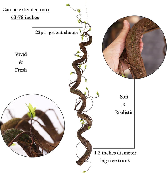 63in Bendable Artificial Tree Trunk Branches Moss Vine Leaf Wall Hang Decor | Faux Thick Wood Tree Twigs Grapevines Plants Garland With Green Leaves For Hanging Reptile Climb Halloween Garden Decoration