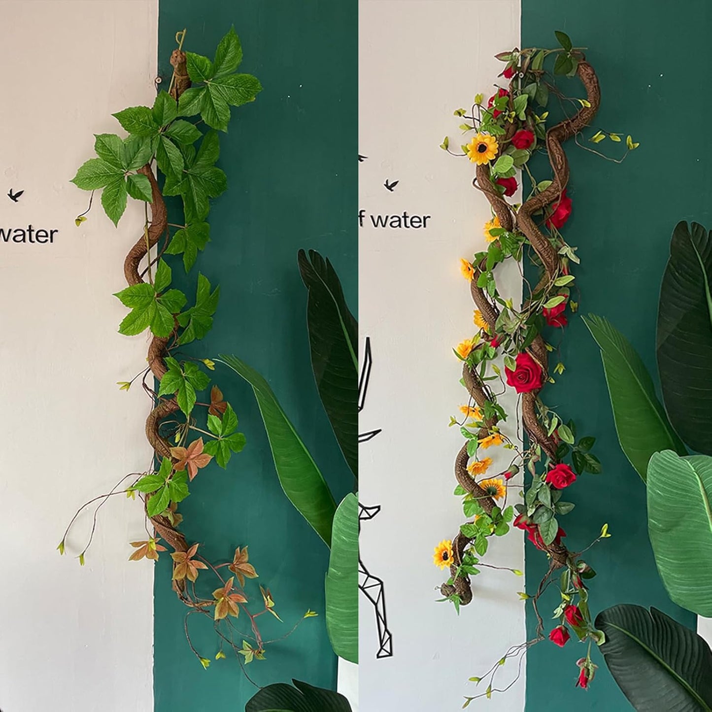 63in Bendable Artificial Tree Trunk Branches Moss Vine Leaf Wall Hang Decor | Faux Thick Wood Tree Twigs Grapevines Plants Garland With Green Leaves For Hanging Reptile Climb Halloween Garden Decoration