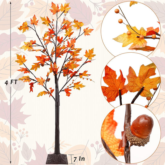 FORUP LED Lighted Maple Tree, 4 FT Lighted Artificial Tree for Thanksgiving Harvest Fall Festival Halloween Home Party Decoration