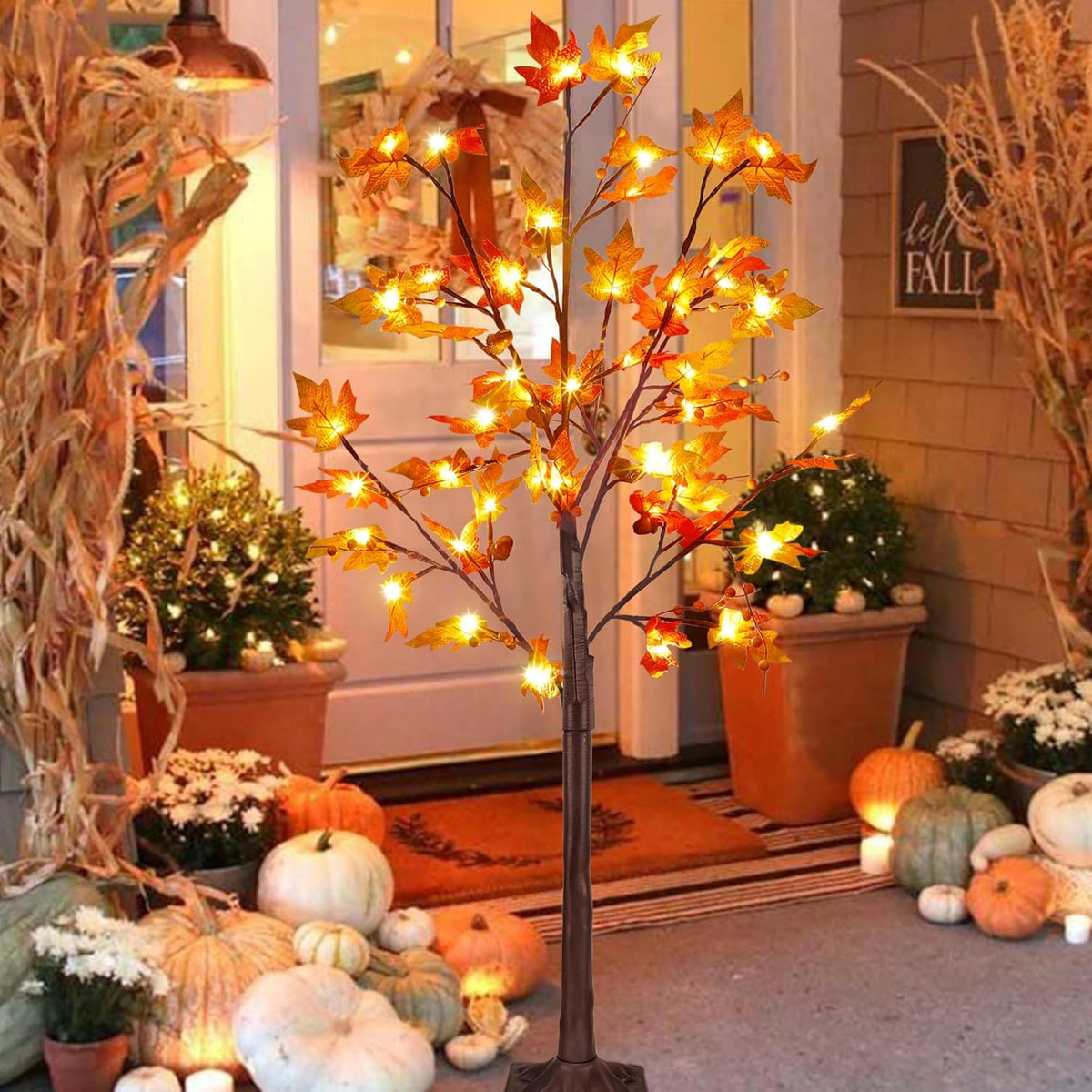 FORUP LED Lighted Maple Tree, 4 FT Lighted Artificial Tree for Thanksgiving Harvest Fall Festival Halloween Home Party Decoration