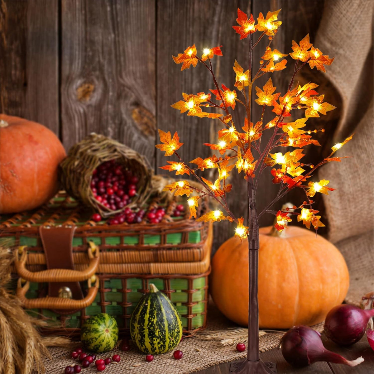 FORUP LED Lighted Maple Tree, 4 FT Lighted Artificial Tree for Thanksgiving Harvest Fall Festival Halloween Home Party Decoration