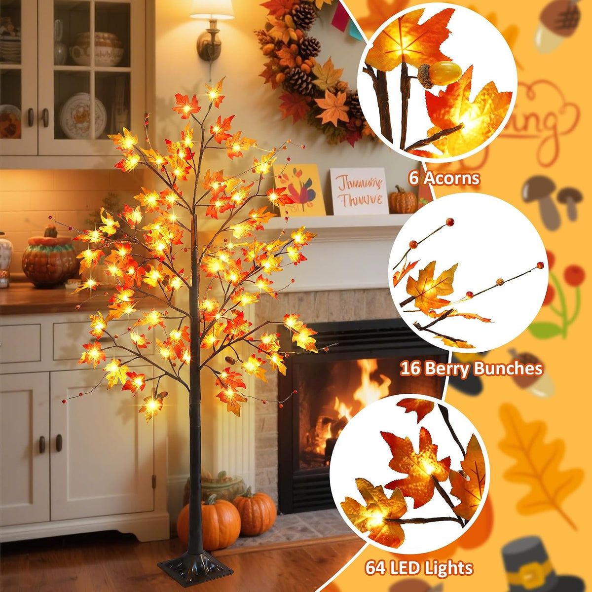 FORUP LED Lighted Maple Tree, 4 FT Lighted Artificial Tree for Thanksgiving Harvest Fall Festival Halloween Home Party Decoration